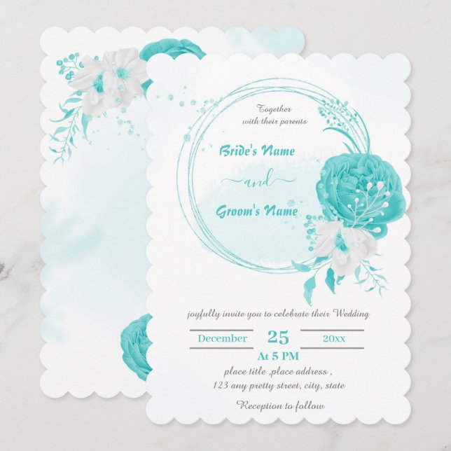 Türkis-Weiß-Blume botanische Kranzhochzeit Einladung (Vorne/Hinten)