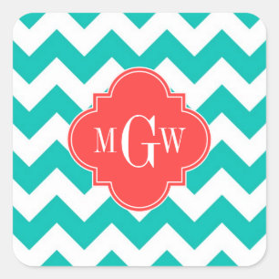 Türkis Weiß Chevron Koralle Vierpass 3 Monogramm Quadratischer Aufkleber