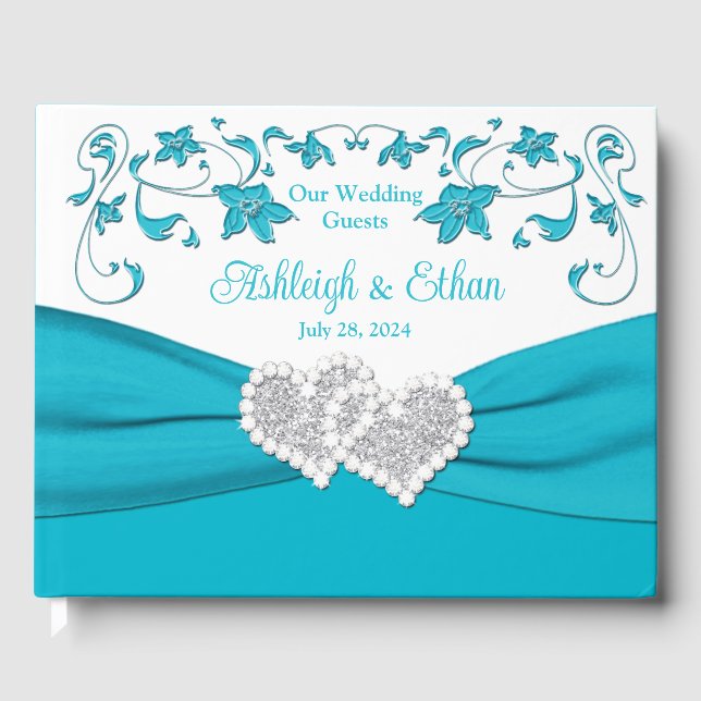 Türkis, Weiß, Silberne Liebe Herz Hochzeit Gästebuch (Vorderseite)