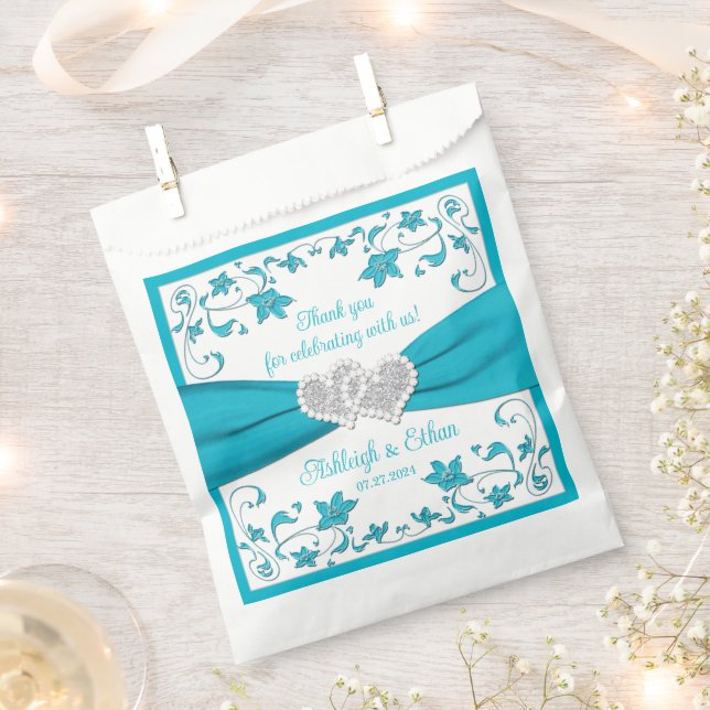 Türkis, Weiß, Silberne Liebe Herz Hochzeit Geschenktütchen (Ausgeschnitten)