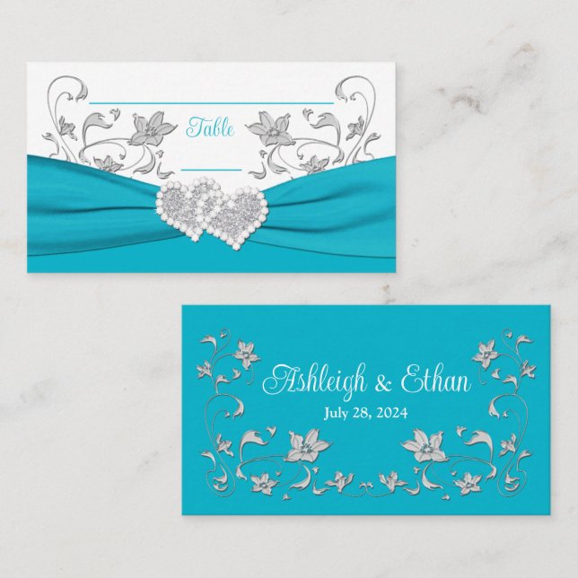 Türkis, Weiß, Silberne Liebe Herz Hochzeit Platzkarte (Vorne/Hinten)