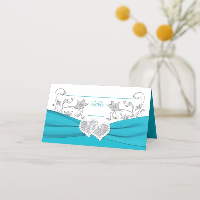 Türkis, Weiß, Silberne Liebe Herz Hochzeit Platzkarte (Vorderseite)