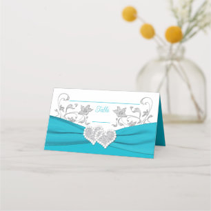 Türkis, Weiß, Silberne Liebe Herz Hochzeit Platzkarte