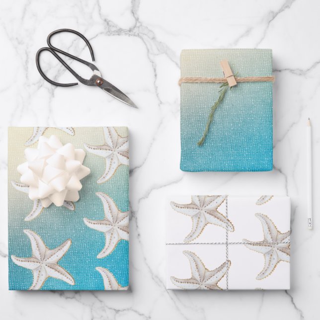 Türkis White Aqua Blue Beach Weißer Starfish Geschenkpapier Set (Vorderseite)