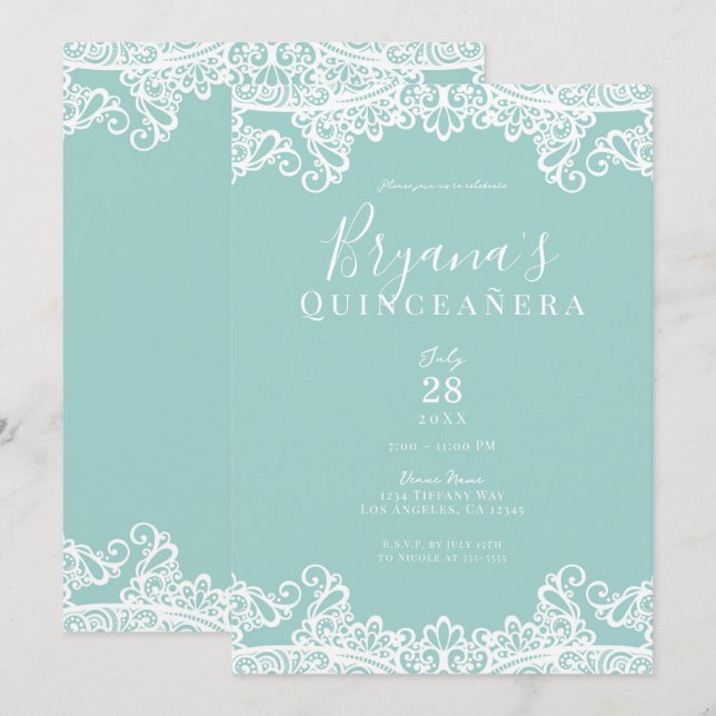 Türkis & White Lace Elegantes Quinceñera Party Einladung (Vorne/Hinten)