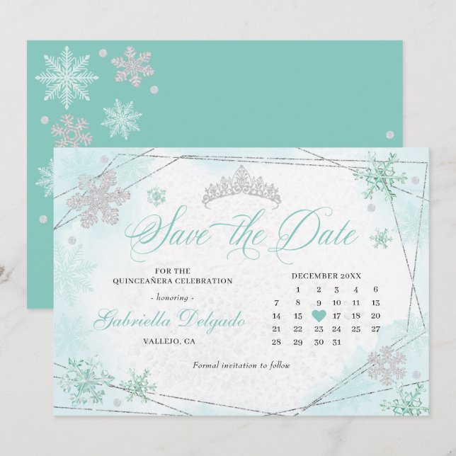Türkis Winter Wonderland Schnee Save the Date Einladung (Vorne/Hinten)