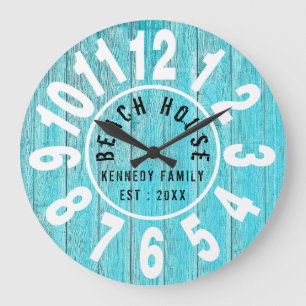 Türkis Wood Beach House Black Big Numbers Große Wanduhr