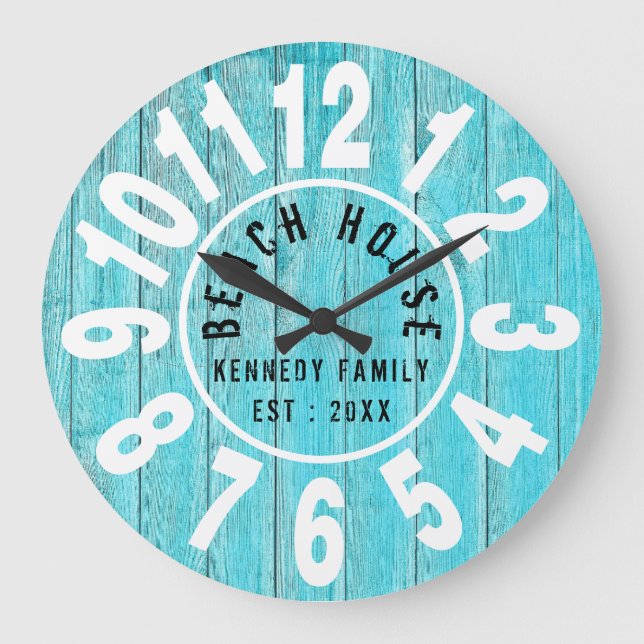 Türkis Wood Beach House Black Big Numbers Große Wanduhr (Vorderseite)