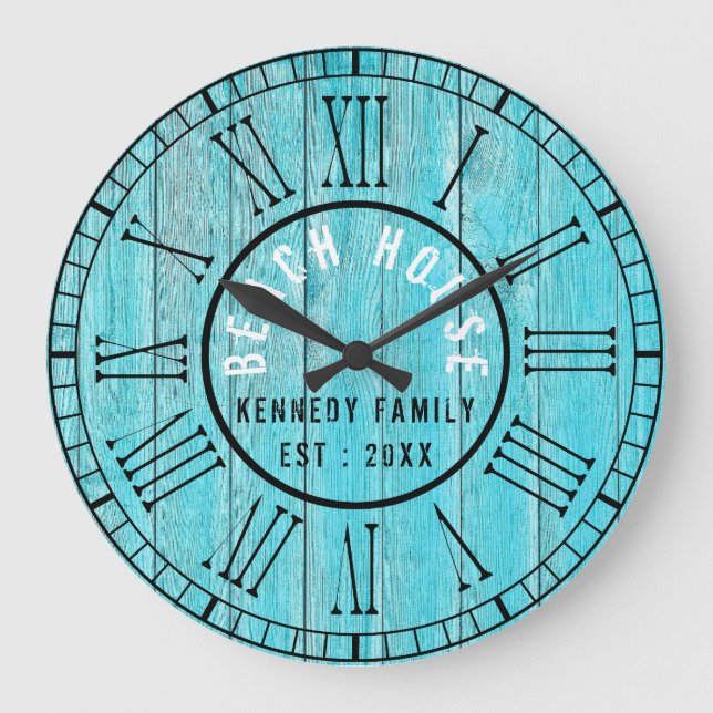 Türkis Wood Beach House Black Roman Numerary Große Wanduhr (Vorderseite)