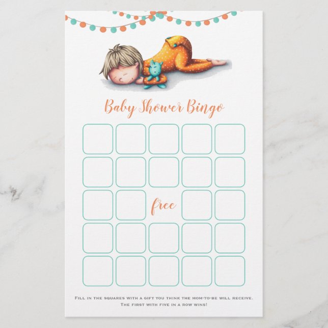 Türkis Yellow Baby Sleeping Bingo Game Card (Vorderseite)