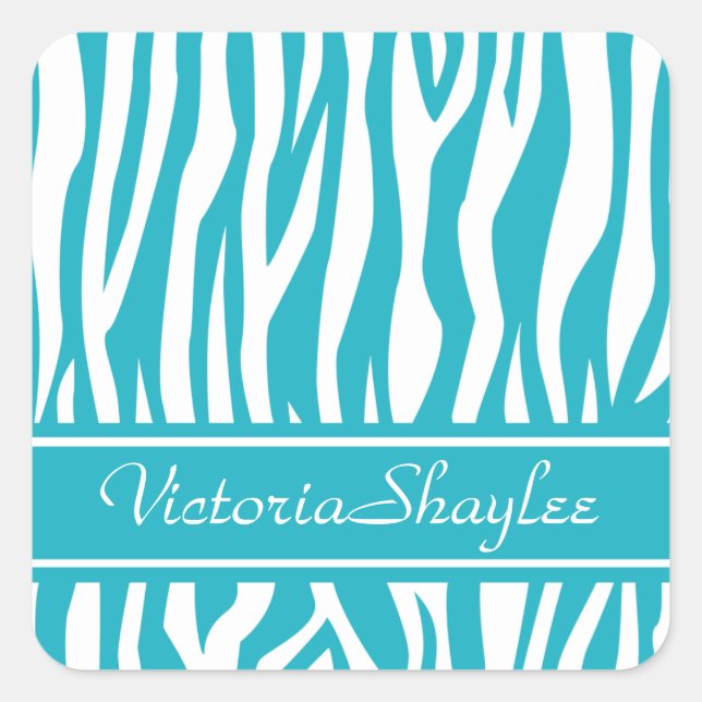 Türkis-Zebra-Print mit benutzerdefiniertem Text Quadratischer Aufkleber (Vorderseite)