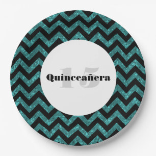 Türkis Zickzack Glitzer Quinceañera Teller
