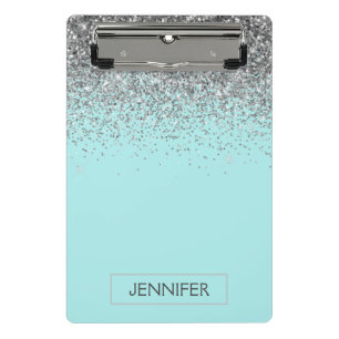 Türkisaqua Blau Silber Glitter Girly Monogramm Nam Mini Klemmbrett
