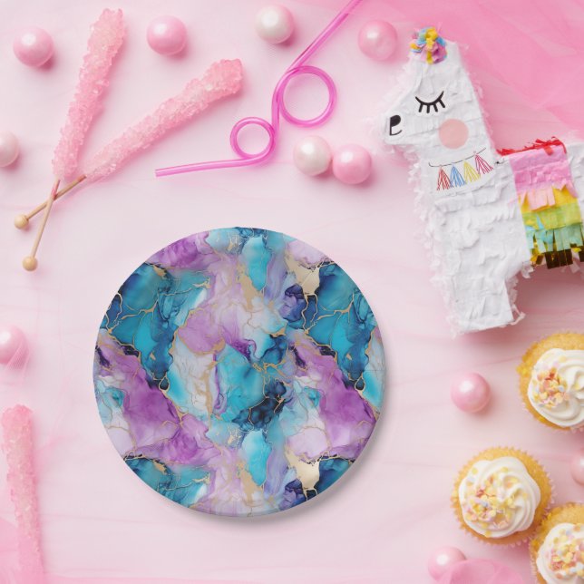 Türkisblau Aqua Lila Goldmarmor Pappteller (Party)