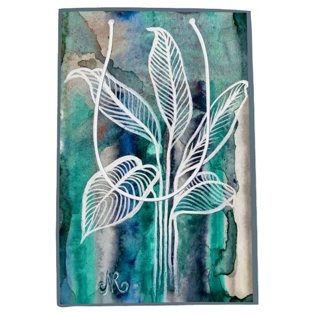 Türkisblau & Aquamarin Moderne botanische Wasserfa Mittlere Geschenktüte (Vorderseite)