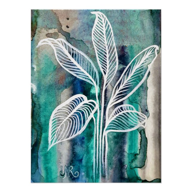 Türkisblau & Aquamarin Moderne botanische Wasserfa Poster (Vorderseite)