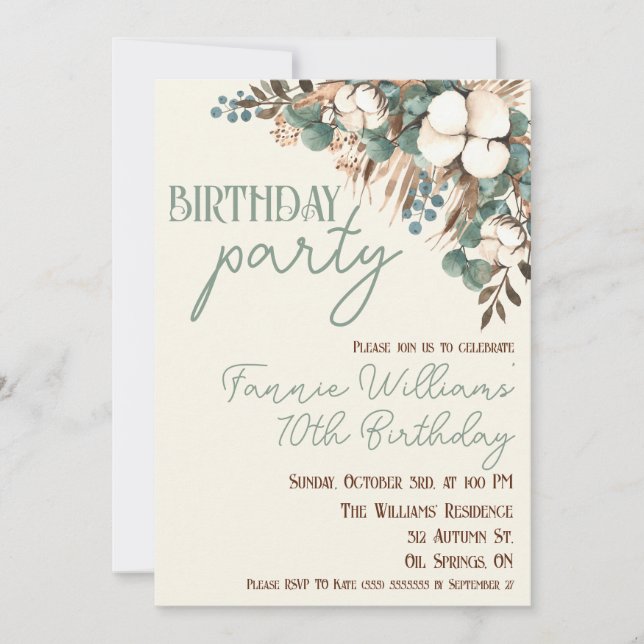 Türkisblau, Baumwolle, Pampas Grass Geburtstag Einladung (Vorderseite)