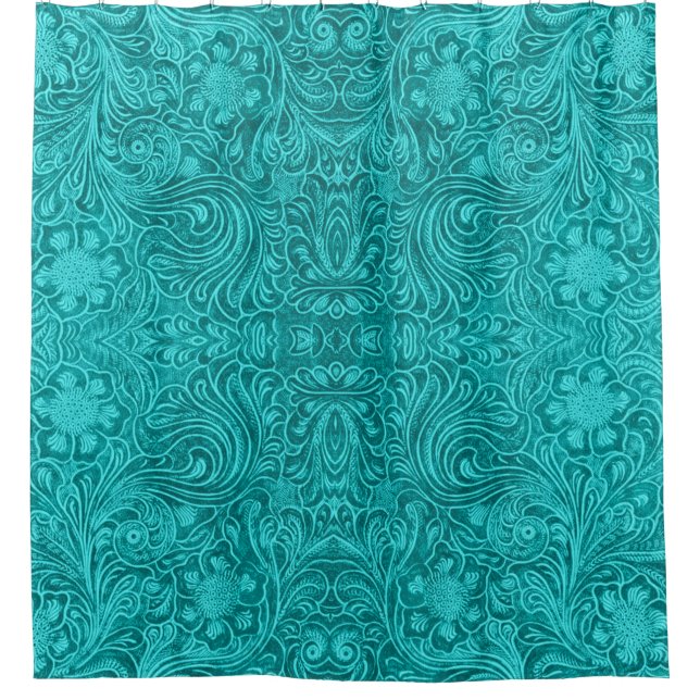 Türkisblau Blauer Blütenmuster Leder Textur Print Duschvorhang (Vorderseite)