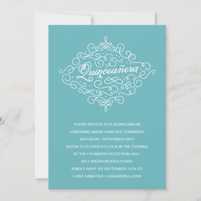 Türkisblau Blühend Quinceanera-Party Einladung (Vorderseite)