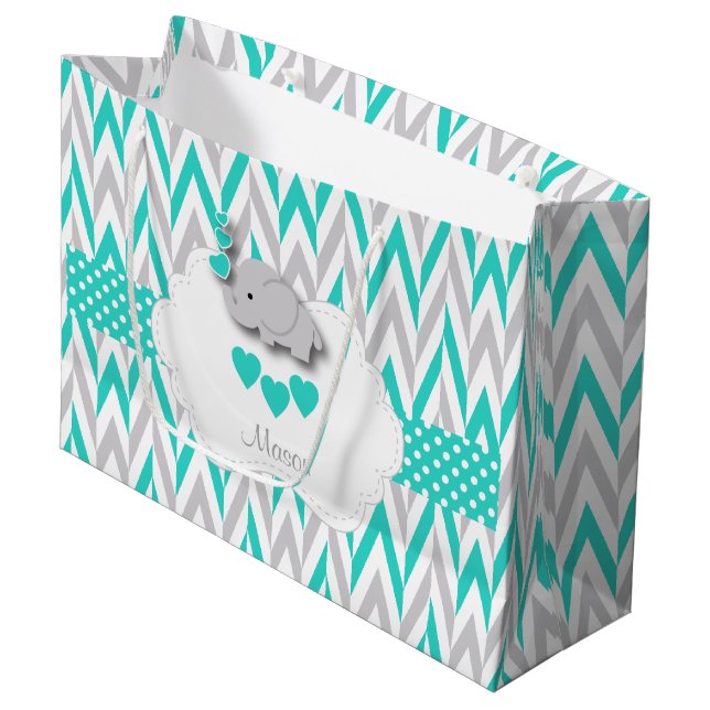 Türkisblau Elefantendesign - Babydusche Große Geschenktüte (Vorderseite Schrägansicht)