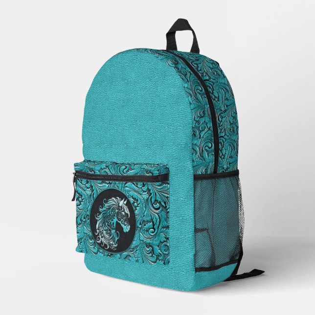 Türkisblau gearbeitete Lederkopfkuh Bedruckter Rucksack (Rückseitige Ecke Rechts)