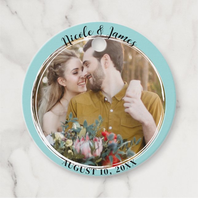 Türkisblau Minimal Trendy Round Foto Wedding Geschenkanhänger (Vorderseite)