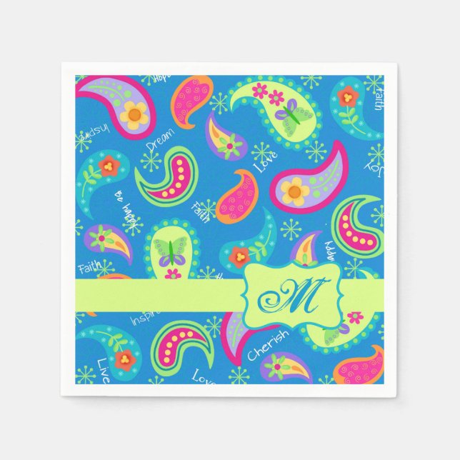 Türkisblau Modern Paisley Muster Monogram Serviette (Vorderseite)