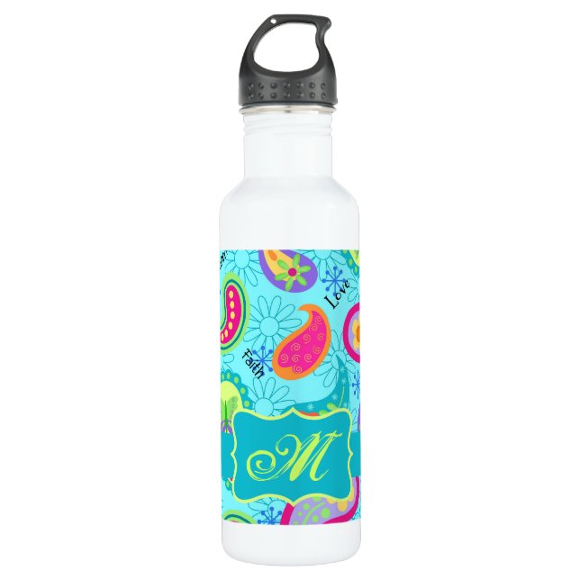 Türkisblau Modern Paisley Muster Monogram Trinkflasche (Vorderseite)