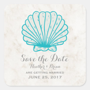Türkisblau Rustikale Seashell Save the Date Quadratischer Aufkleber