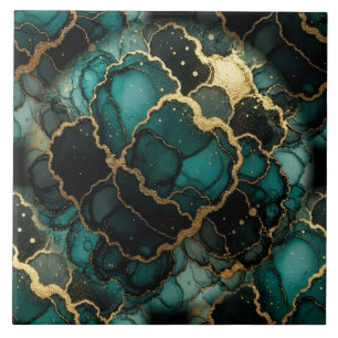 Türkisblau, Schwarz und Gold Alcohol Ink Fliese