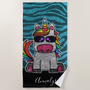 Türkisblau Schwarzer Glitzer Rainbow Unicorn Zebra Strandtuch