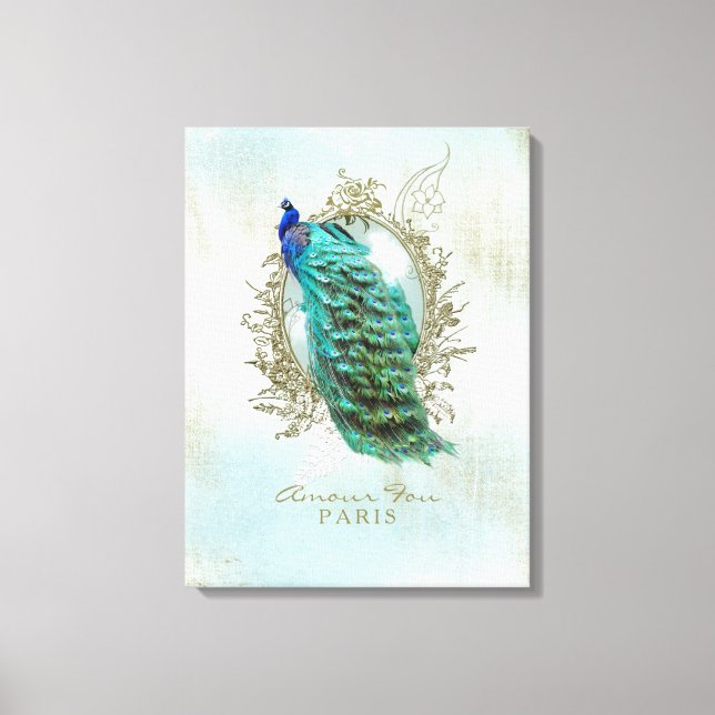 Türkisblau-Shabby-Pfau - Wrapped Canvas Leinwanddruck (Vorderseite)