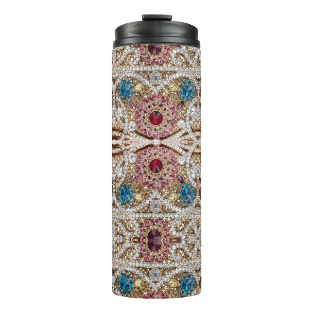 Türkisblau, silber, bordeauxrot, pink, böhmisch thermosbecher (Vorderseite)