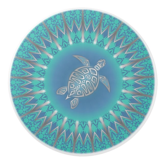 Türkisblau Silberschildkröte Mandala Keramik Knob Keramikknauf (Vorderseite)