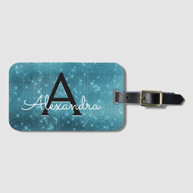 Türkisblau Sparkle Twinkle Sparkle Monogram Gepäckanhänger (Vorderseite (Horizontal))