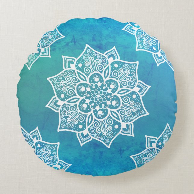 Türkisblau, türkisblau, Ober, Mandala Rundes Kissen (Vorderseite)