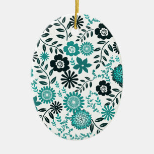 Türkisblau und dunkelolivgrünes Muster mit Blumen Keramikornament