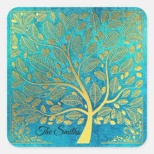 Türkisblau und Goldbaum *Persönlich gestalten* Quadratischer Aufkleber