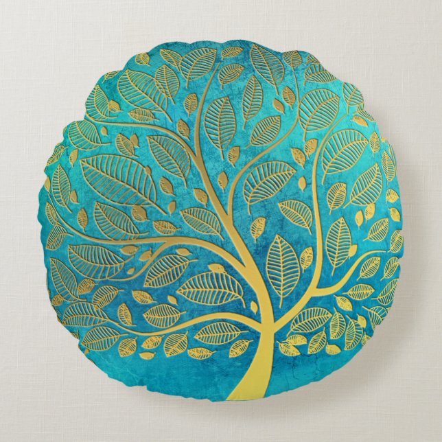 Türkisblau und Goldbaum Rundes Kissen (Vorderseite)