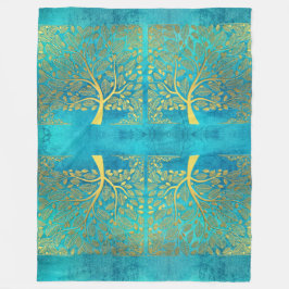 Türkisblau und goldener Baum des Lebens Fleecedecke