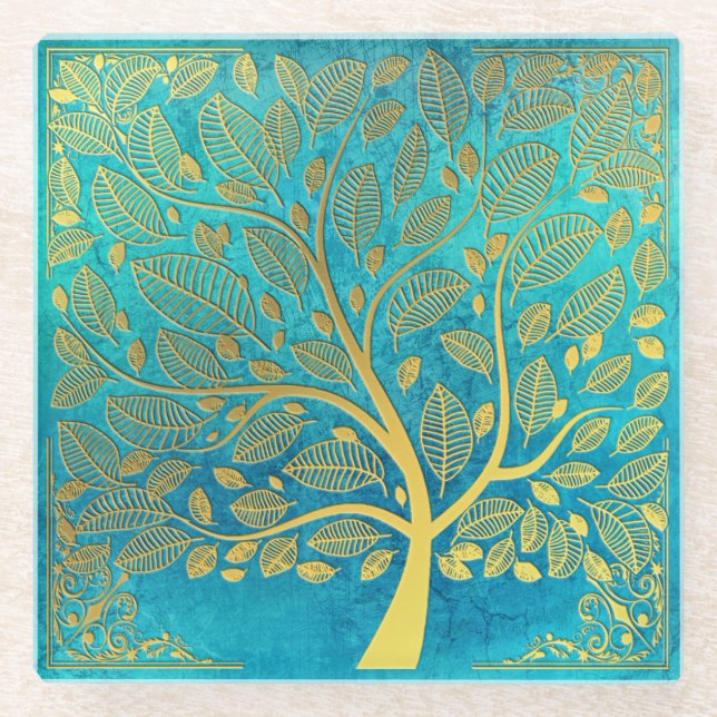 Türkisblau und goldener Baum des Lebens Glasuntersetzer (Vorderseite)