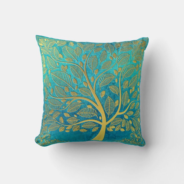 Türkisblau und goldener Baum des Lebens Kissen (Vorderseite)