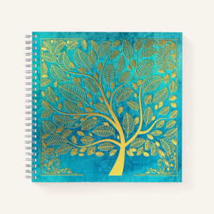 Türkisblau und goldener Baum des Lebens Notizbuch