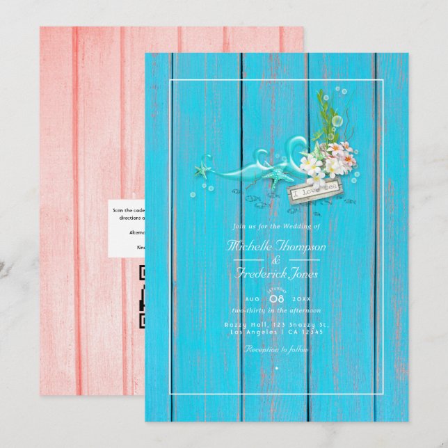 Türkisblau und Korallenstrand QR Code Hochzeit Einladung (Vorne/Hinten)