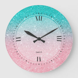 Türkisblau und Lachs Rosa Imitate Glitzer Große Wanduhr