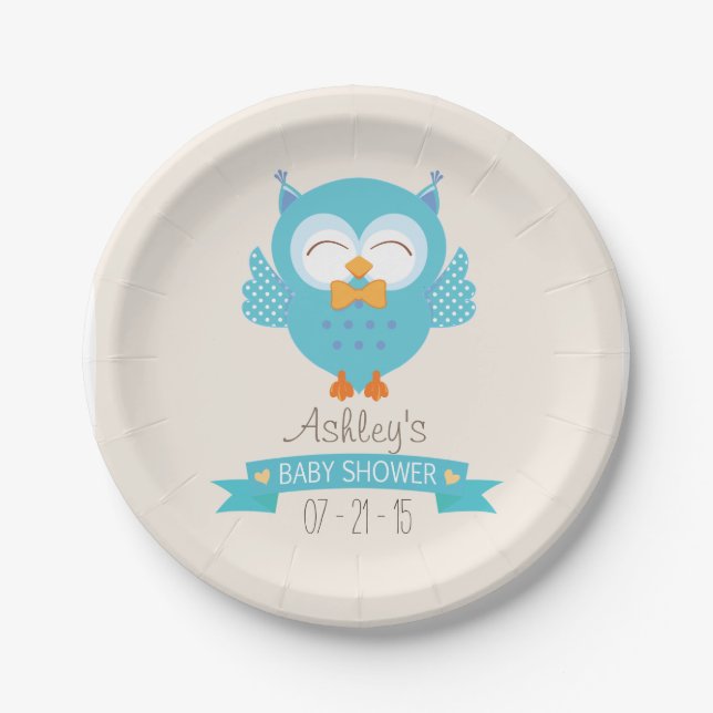 Türkisblau und Lila Boy Owl Baby Dusche Pappteller (Vorderseite)