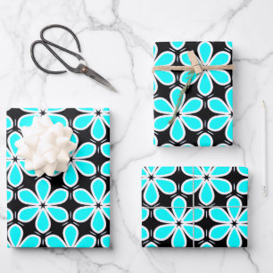 Türkisblau und schwarzes Blumenmuster Geschenkpapier Set