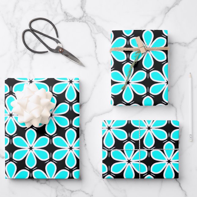 Türkisblau und schwarzes Blumenmuster Geschenkpapier Set (Vorderseite)