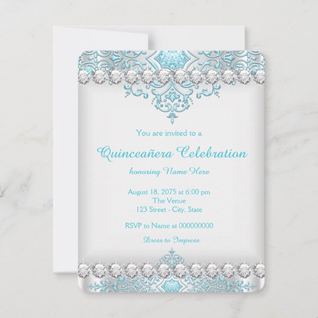 Türkisblau und Silver Diamond Quinceñera Einladung (Vorderseite)