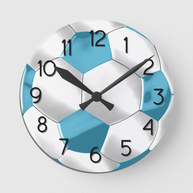 Türkisblau und weißer Fußball Runde Wanduhr (Vorderseite)